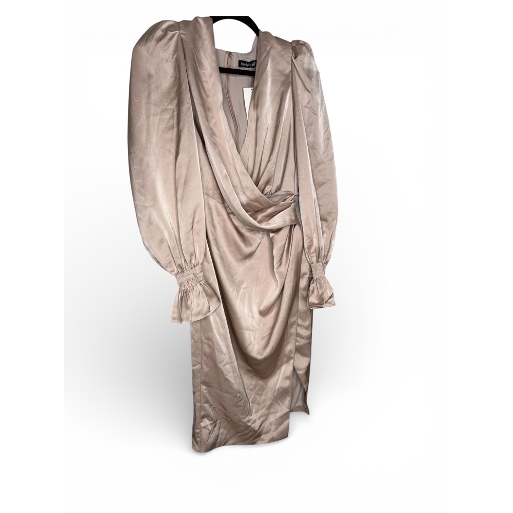 NWT Lavish Alice satin balloon sleeve wrap midi dress in champagne - Picture 2 of 11